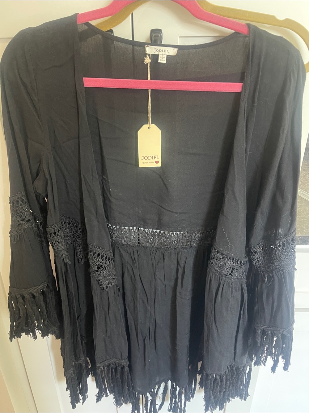 JODIFL Black Crochet Fringe Open Kimono NWT